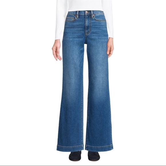 Lands' End Denim - Lands' End Women's Recover High Rise Wide Leg Blue Jeans 10 - Indigo Tide Blue